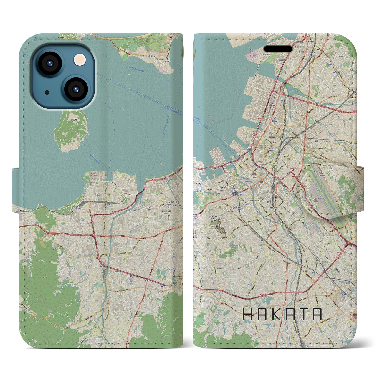 【博多】地図柄iPhoneケース（手帳両面タイプ・ナチュラル）iPhone 13 用