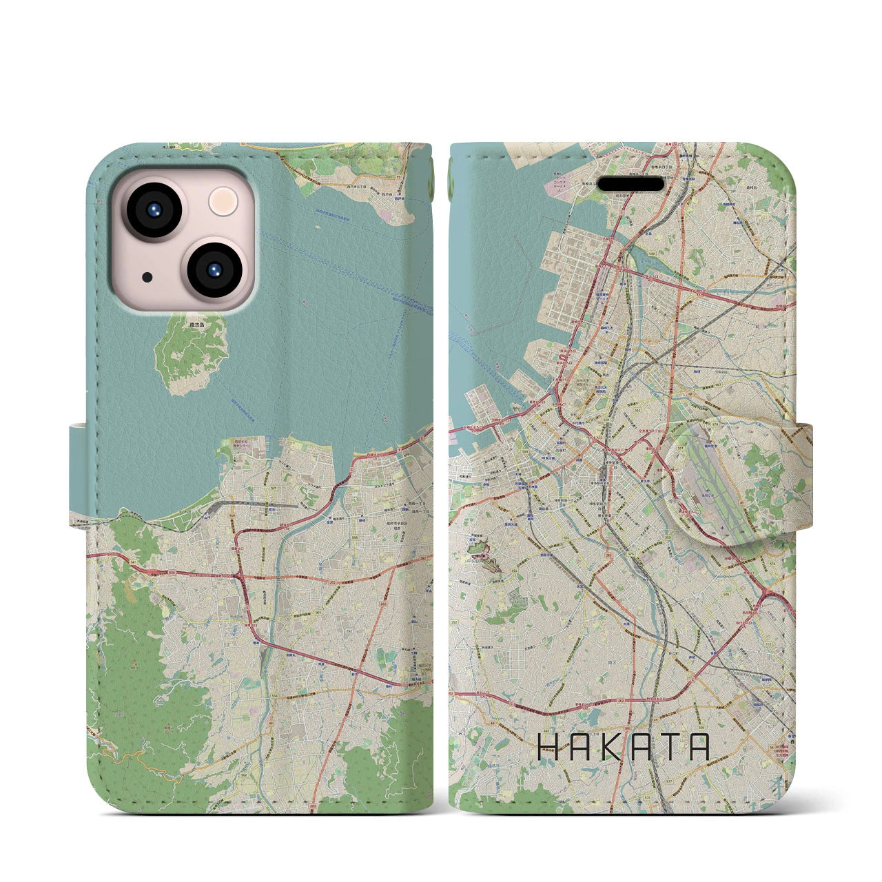 【博多】地図柄iPhoneケース（手帳両面タイプ・ナチュラル）iPhone 13 mini 用