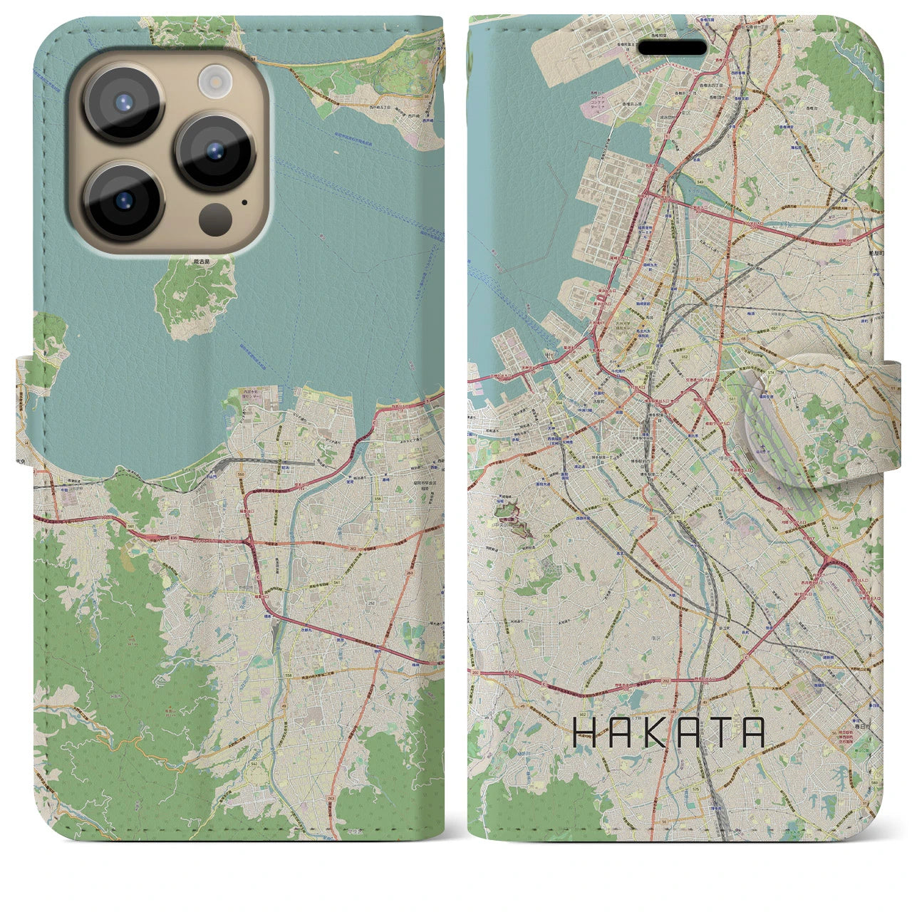【博多】地図柄iPhoneケース（手帳両面タイプ・ナチュラル）iPhone 14 Pro Max 用