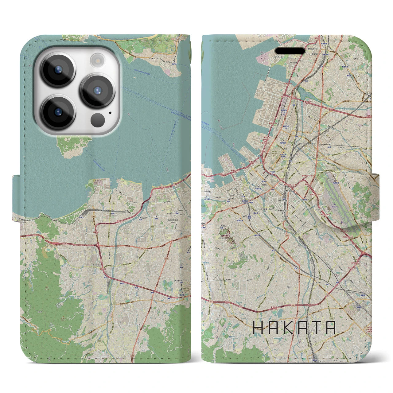 【博多】地図柄iPhoneケース（手帳両面タイプ・ナチュラル）iPhone 14 Pro 用