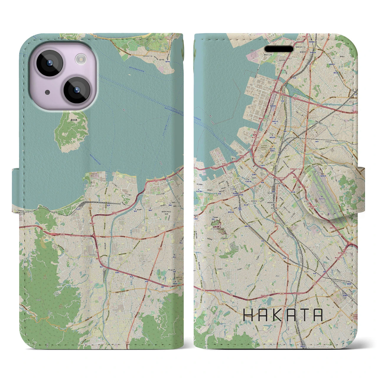 【博多】地図柄iPhoneケース（手帳両面タイプ・ナチュラル）iPhone 14 用