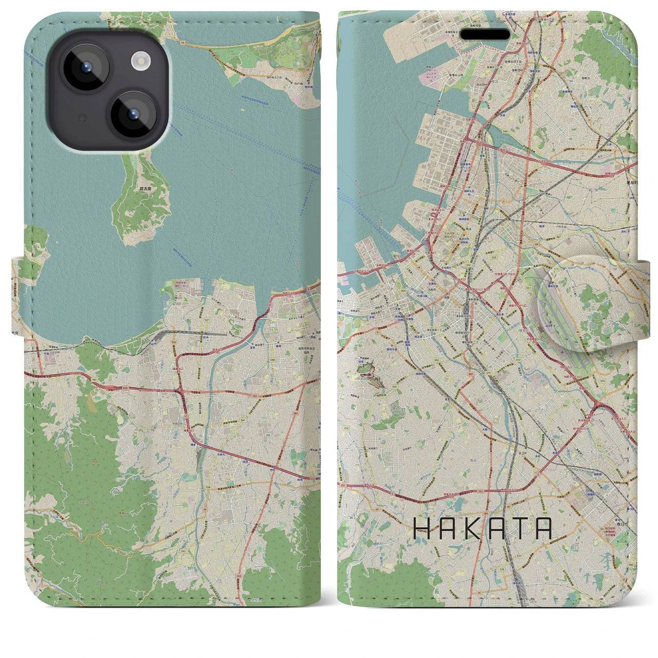 【博多】地図柄iPhoneケース（手帳両面タイプ・ナチュラル）iPhone 14 Plus 用