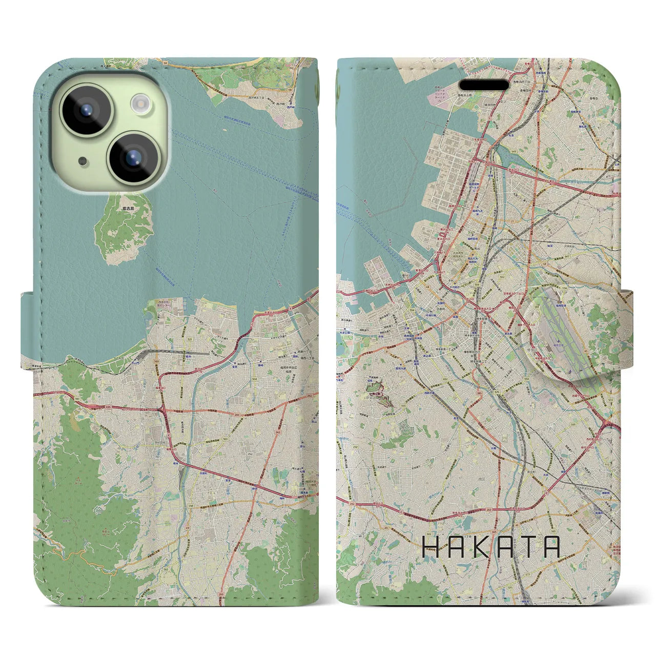 【博多】地図柄iPhoneケース（手帳両面タイプ・ナチュラル）iPhone 15 用