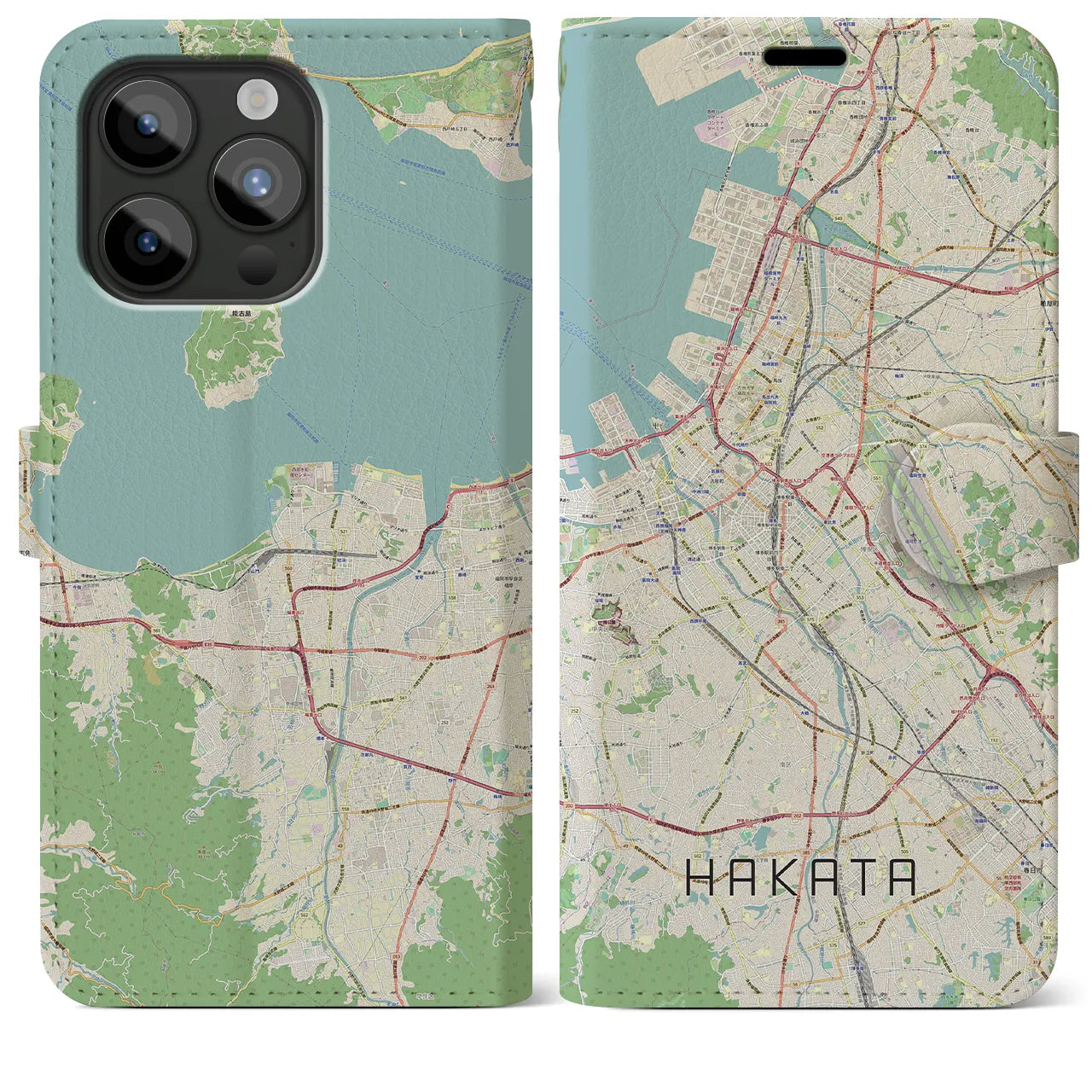 【博多】地図柄iPhoneケース（手帳両面タイプ・ナチュラル）iPhone 15 Pro Max 用
