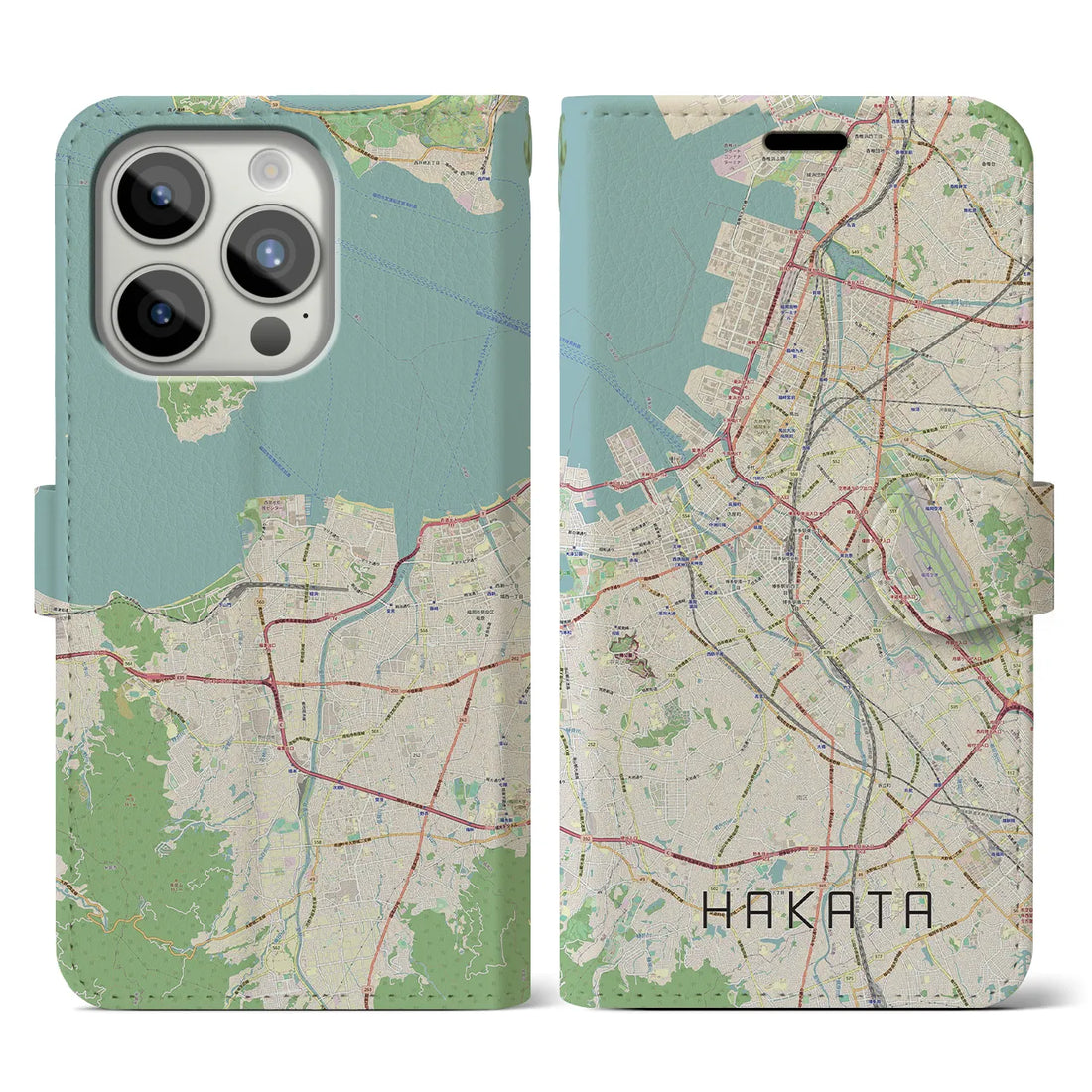 【博多】地図柄iPhoneケース（手帳両面タイプ・ナチュラル）iPhone 15 Pro 用