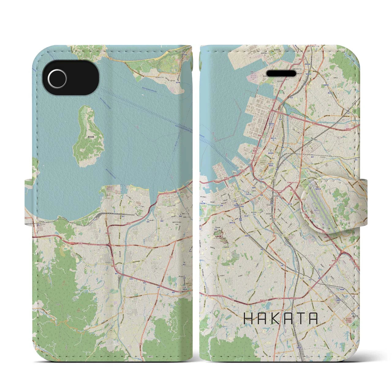 【博多】地図柄iPhoneケース（手帳両面タイプ・ナチュラル）iPhone SE（第3 / 第2世代） / 8 / 7 / 6s / 6 用