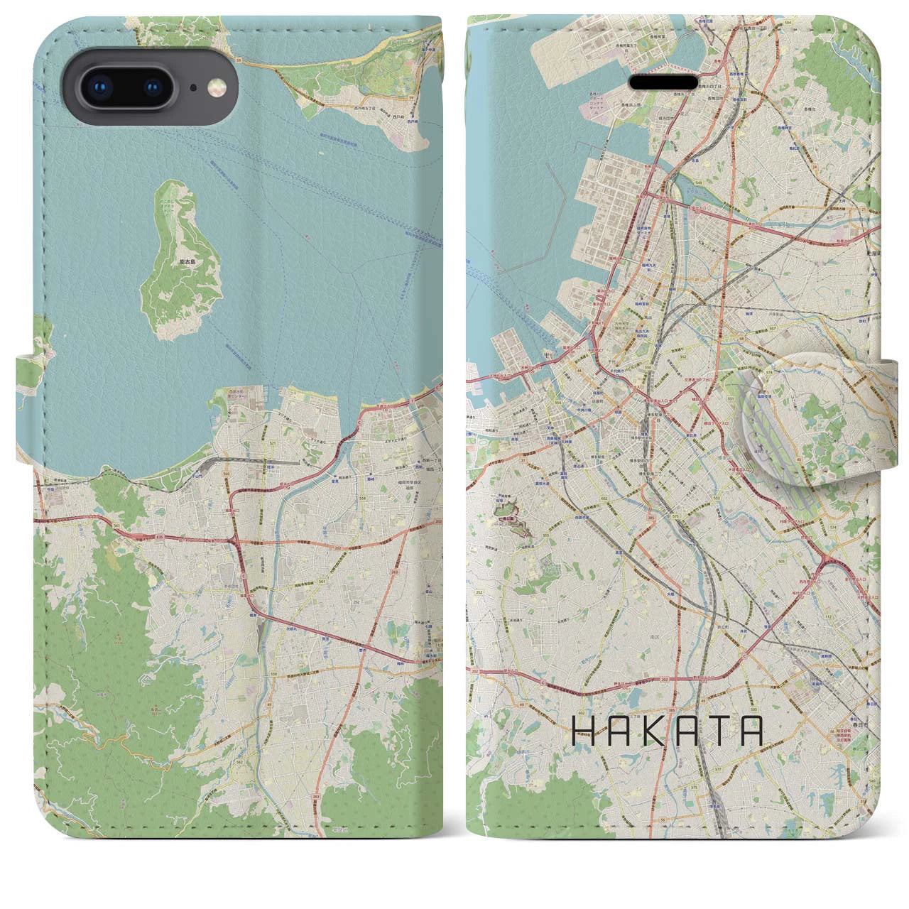 【博多】地図柄iPhoneケース（手帳両面タイプ・ナチュラル）iPhone 8Plus /7Plus / 6sPlus / 6Plus 用