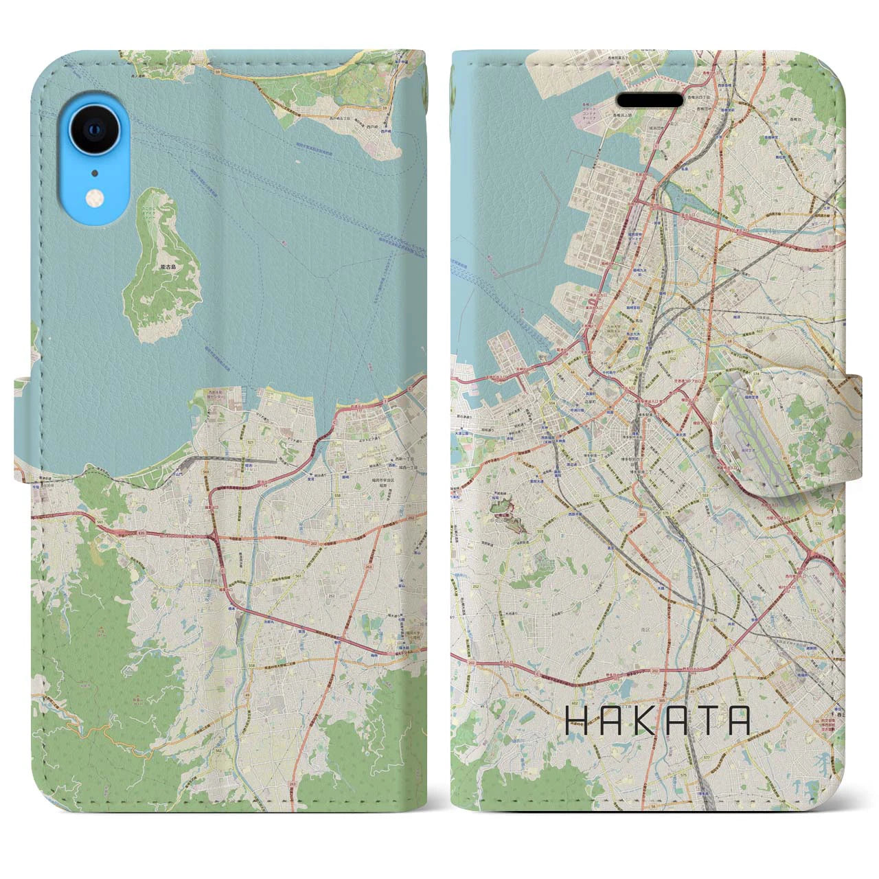 【博多】地図柄iPhoneケース（手帳両面タイプ・ナチュラル）iPhone XR 用