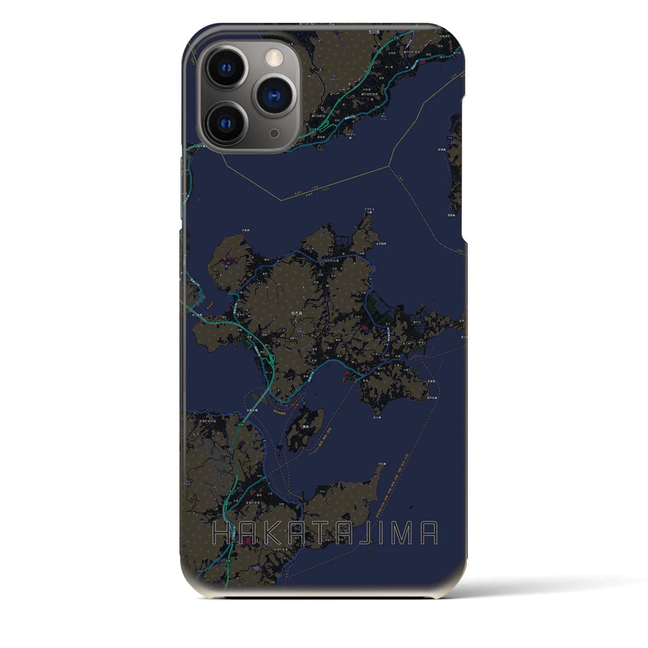 【伯方島】地図柄iPhoneケース（バックカバータイプ・ブラック）iPhone 11 Pro Max 用