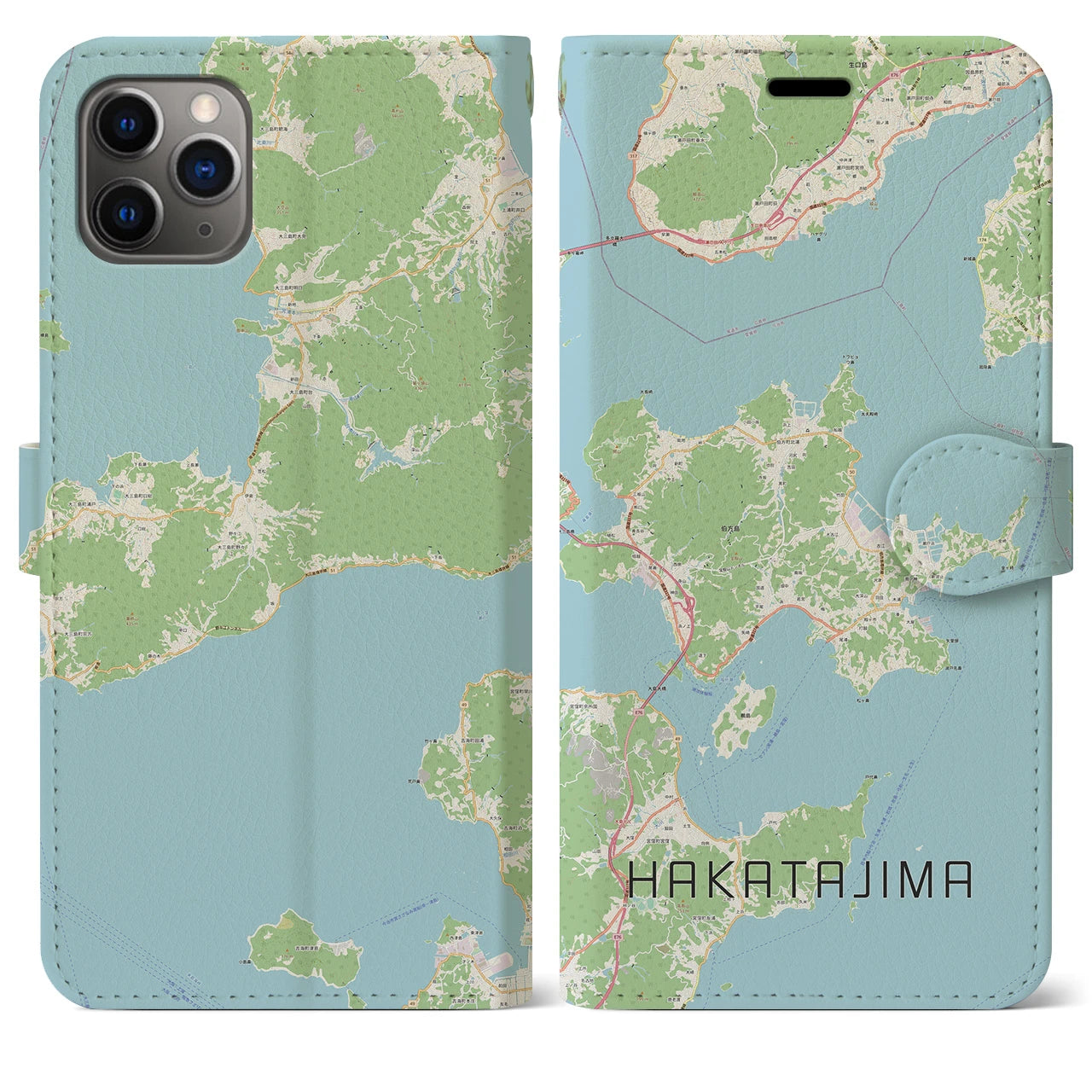 【伯方島】地図柄iPhoneケース（手帳両面タイプ・ナチュラル）iPhone 11 Pro Max 用