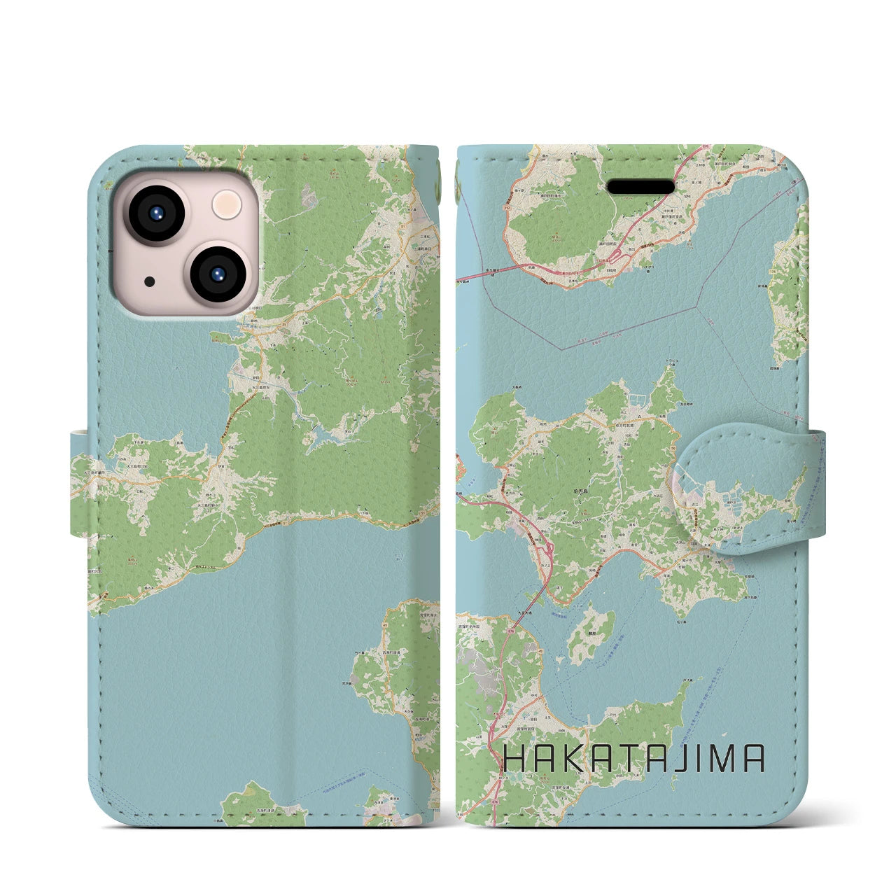 【伯方島】地図柄iPhoneケース（手帳両面タイプ・ナチュラル）iPhone 13 mini 用