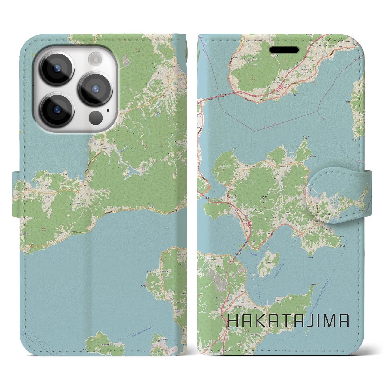 【伯方島】地図柄iPhoneケース（手帳両面タイプ・ナチュラル）iPhone 14 Pro 用