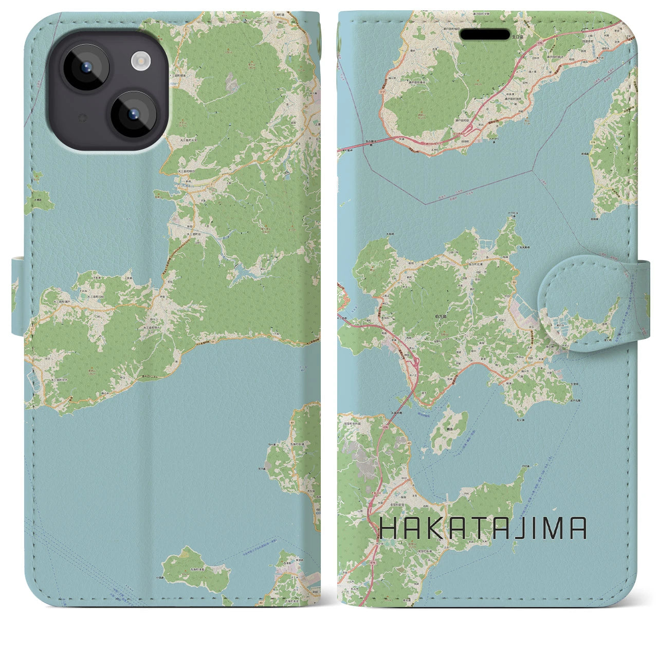 【伯方島】地図柄iPhoneケース（手帳両面タイプ・ナチュラル）iPhone 14 Plus 用