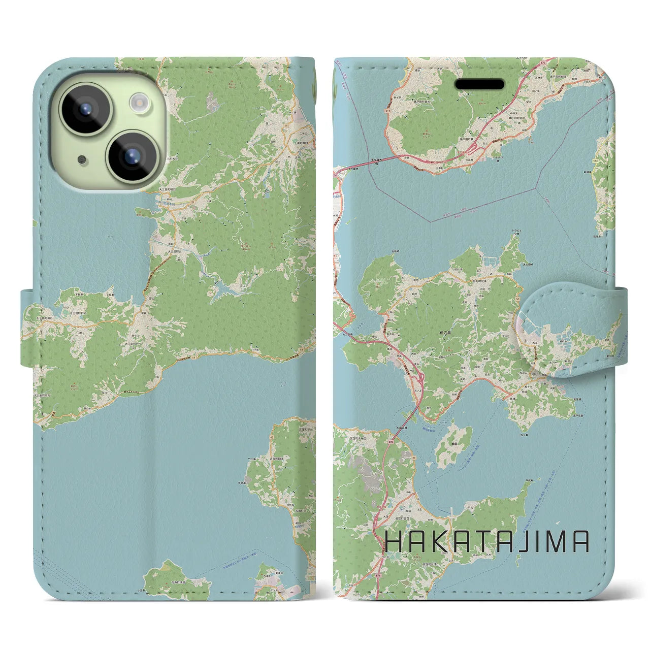 【伯方島】地図柄iPhoneケース（手帳両面タイプ・ナチュラル）iPhone 15 用