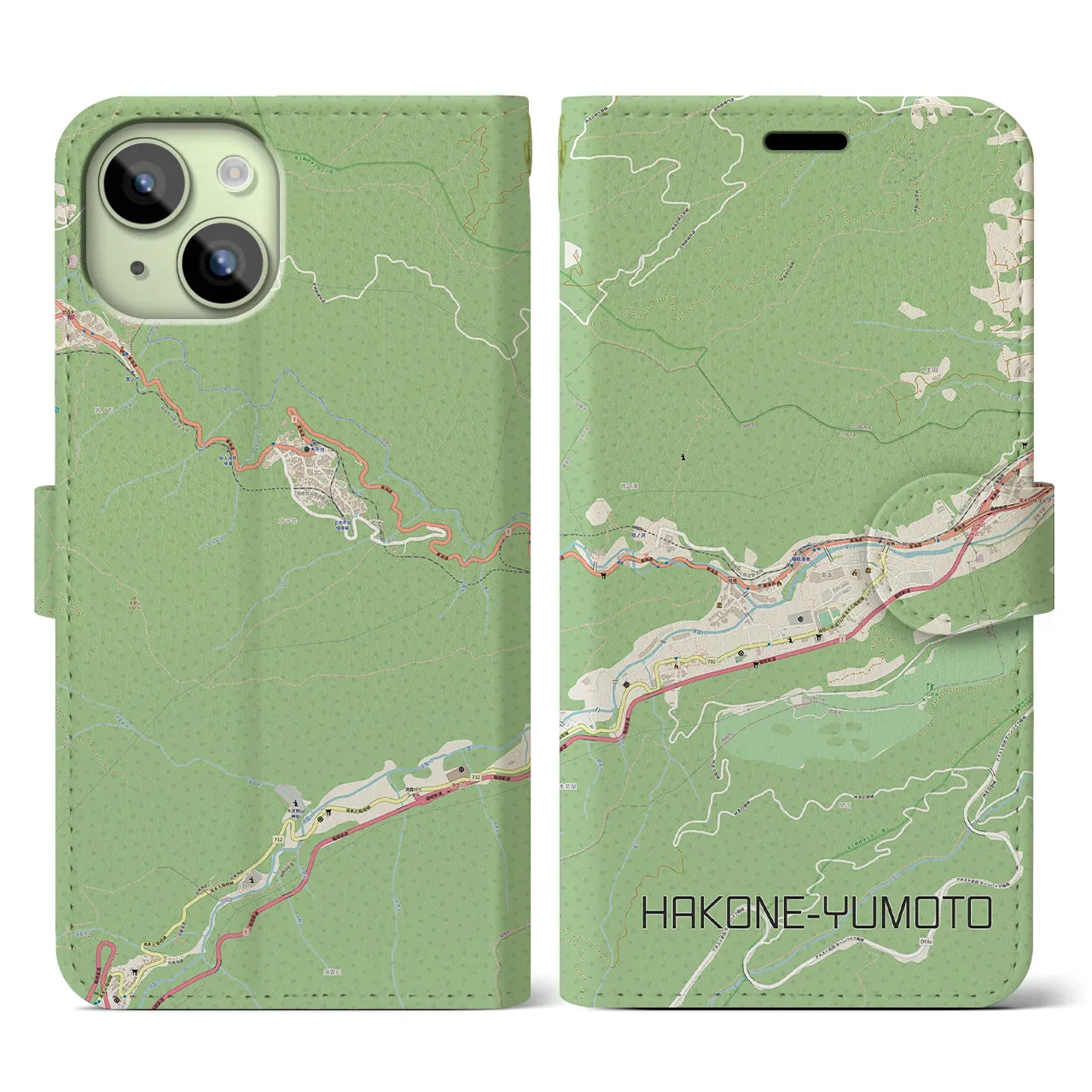 【箱根湯本】地図柄iPhoneケース（手帳両面タイプ・ナチュラル）iPhone 15 用