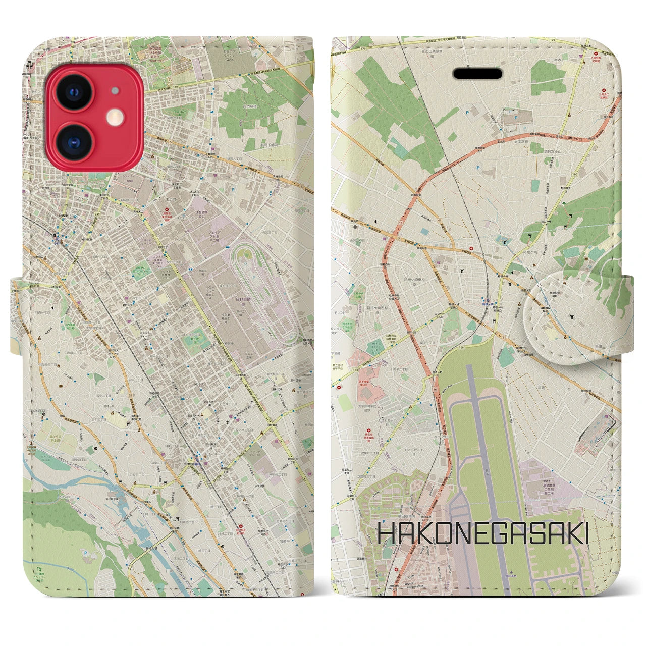 【箱根ケ崎】地図柄iPhoneケース（手帳両面タイプ・ナチュラル）iPhone 11 用