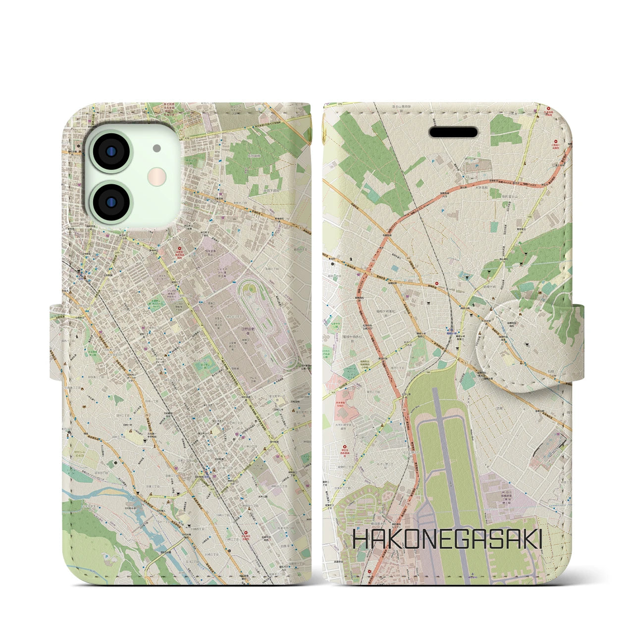 【箱根ケ崎】地図柄iPhoneケース（手帳両面タイプ・ナチュラル）iPhone 12 mini 用