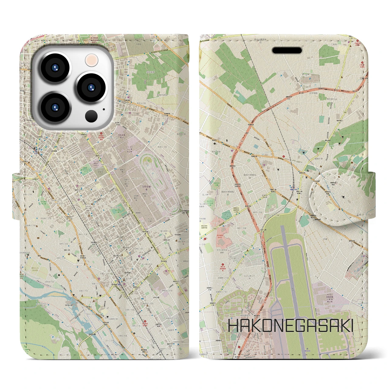【箱根ケ崎】地図柄iPhoneケース（手帳両面タイプ・ナチュラル）iPhone 13 Pro 用