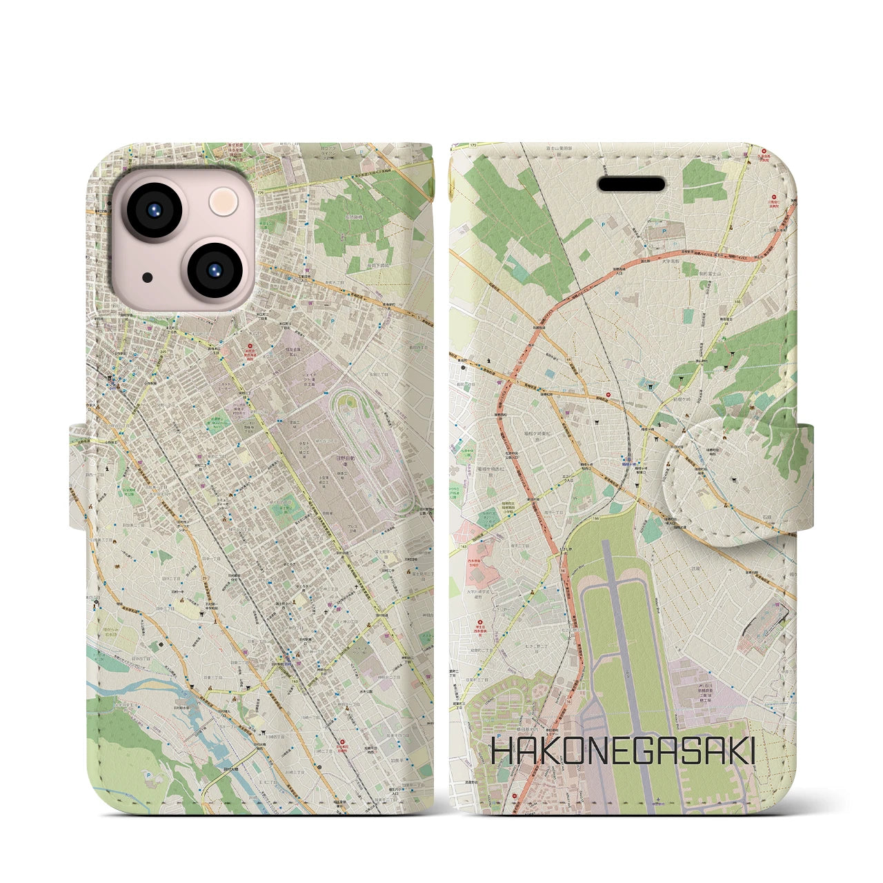 【箱根ケ崎】地図柄iPhoneケース（手帳両面タイプ・ナチュラル）iPhone 13 mini 用