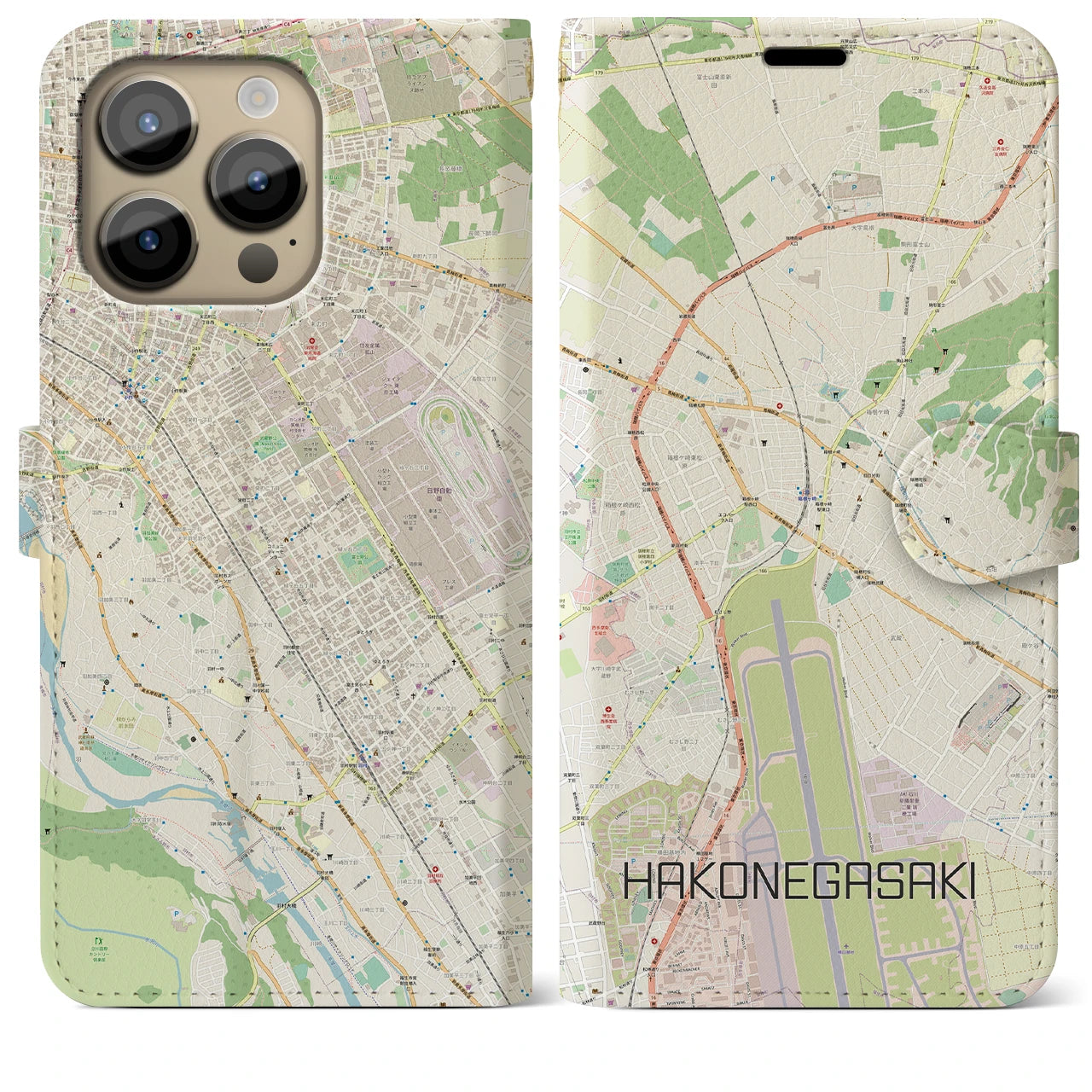 【箱根ケ崎】地図柄iPhoneケース（手帳両面タイプ・ナチュラル）iPhone 14 Pro Max 用