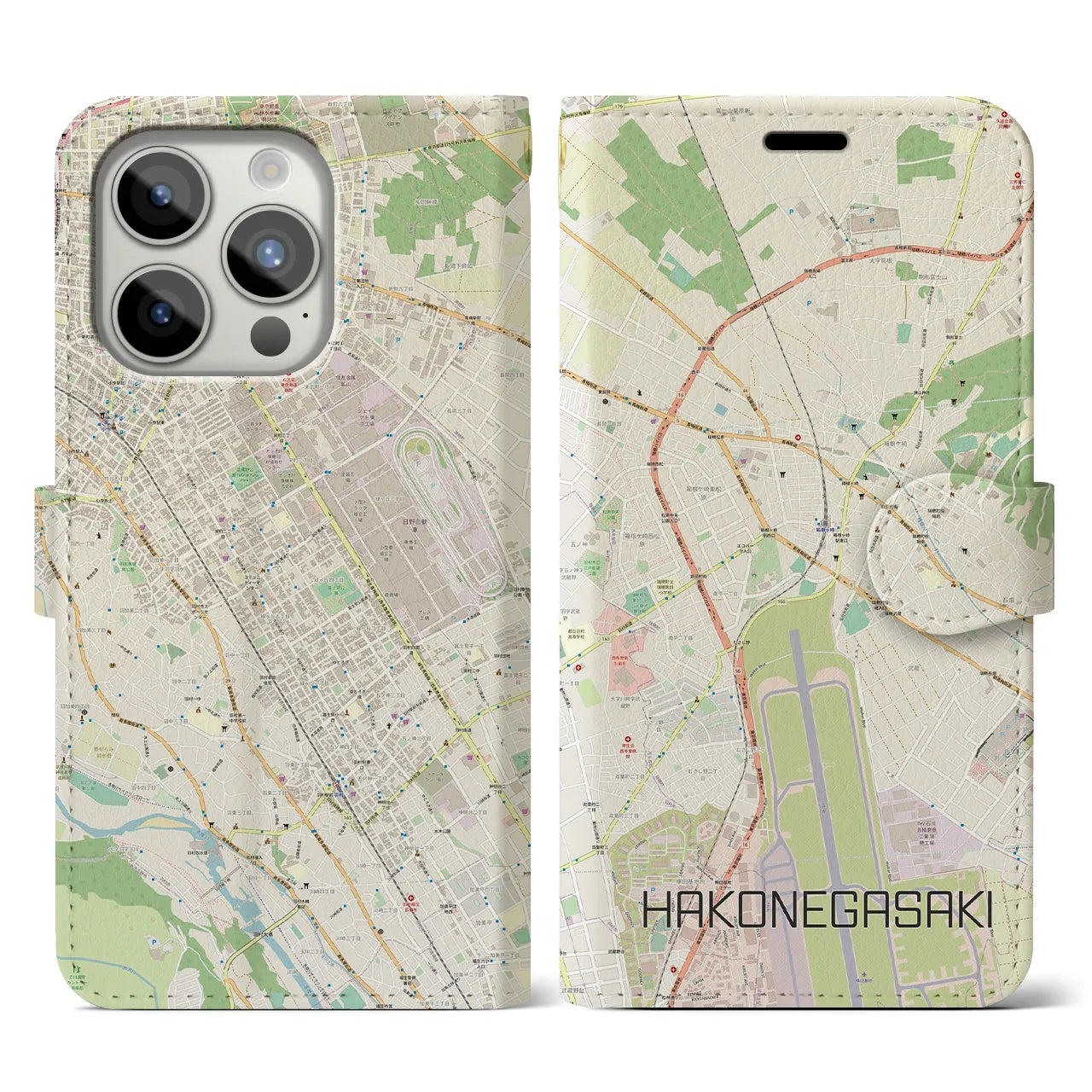 【箱根ケ崎】地図柄iPhoneケース（手帳両面タイプ・ナチュラル）iPhone 15 Pro 用