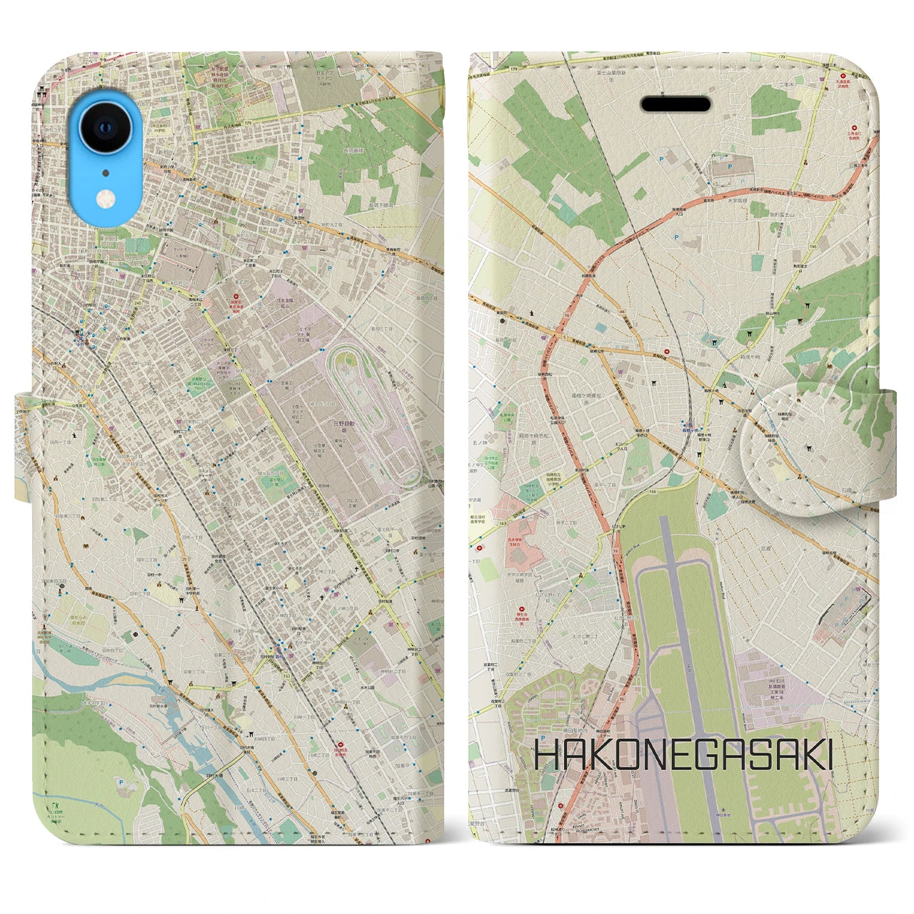 【箱根ケ崎】地図柄iPhoneケース（手帳両面タイプ・ナチュラル）iPhone XR 用