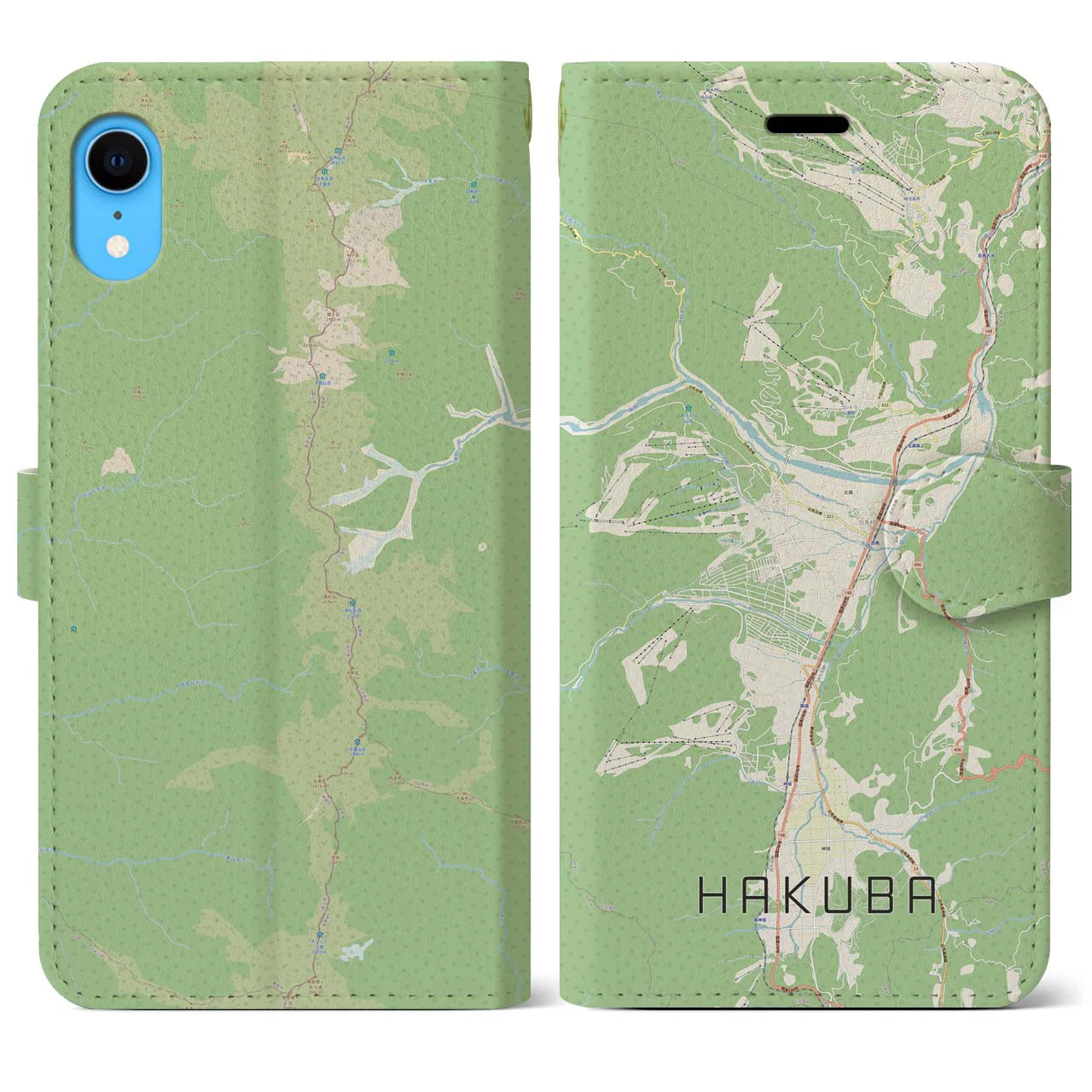 【白馬】地図柄iPhoneケース（手帳両面タイプ・ナチュラル）iPhone XR 用