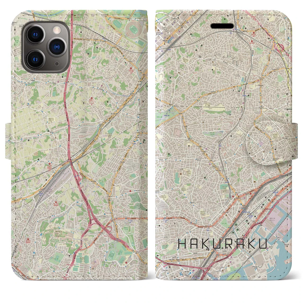 【白楽】地図柄iPhoneケース（手帳両面タイプ・ナチュラル）iPhone 11 Pro Max 用