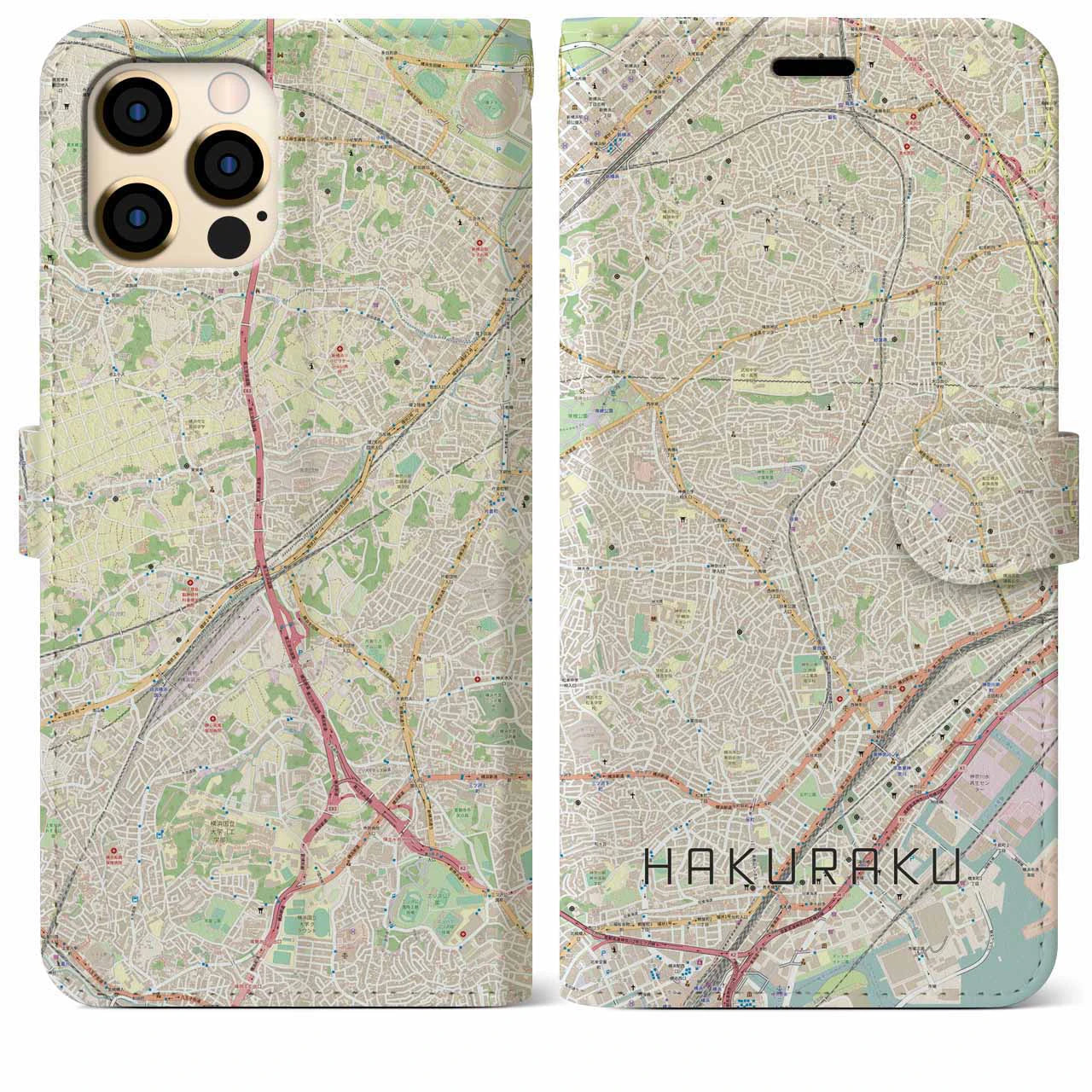 【白楽】地図柄iPhoneケース（手帳両面タイプ・ナチュラル）iPhone 12 Pro Max 用