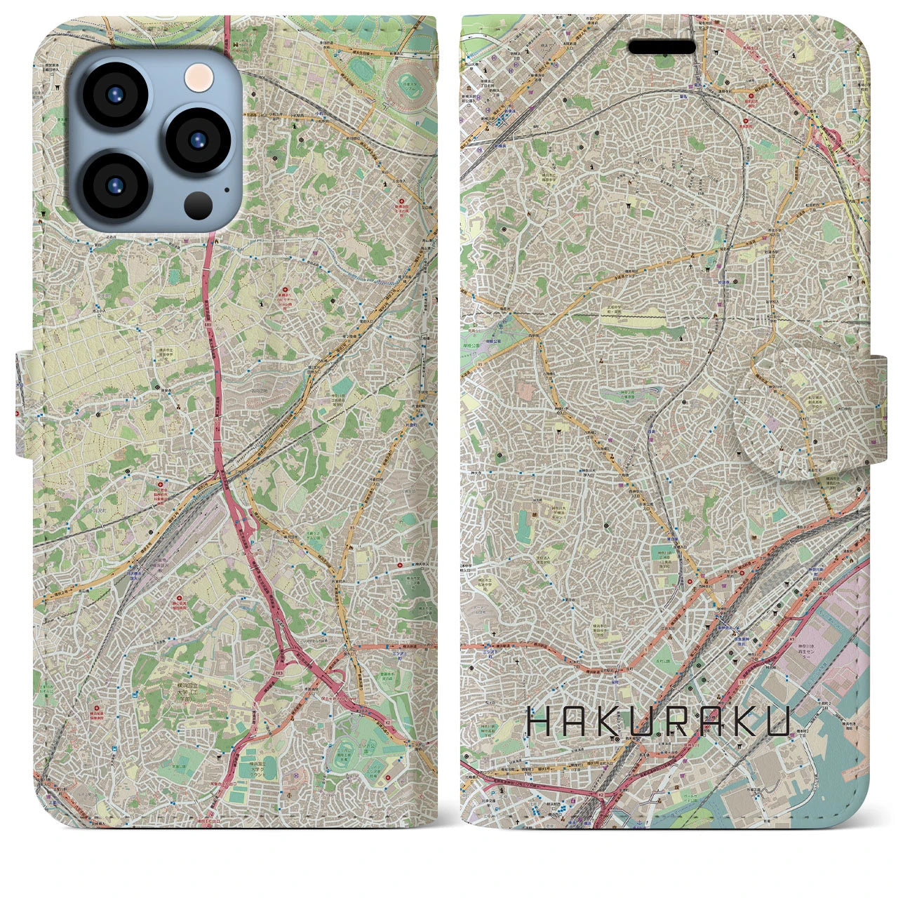 【白楽】地図柄iPhoneケース（手帳両面タイプ・ナチュラル）iPhone 13 Pro Max 用