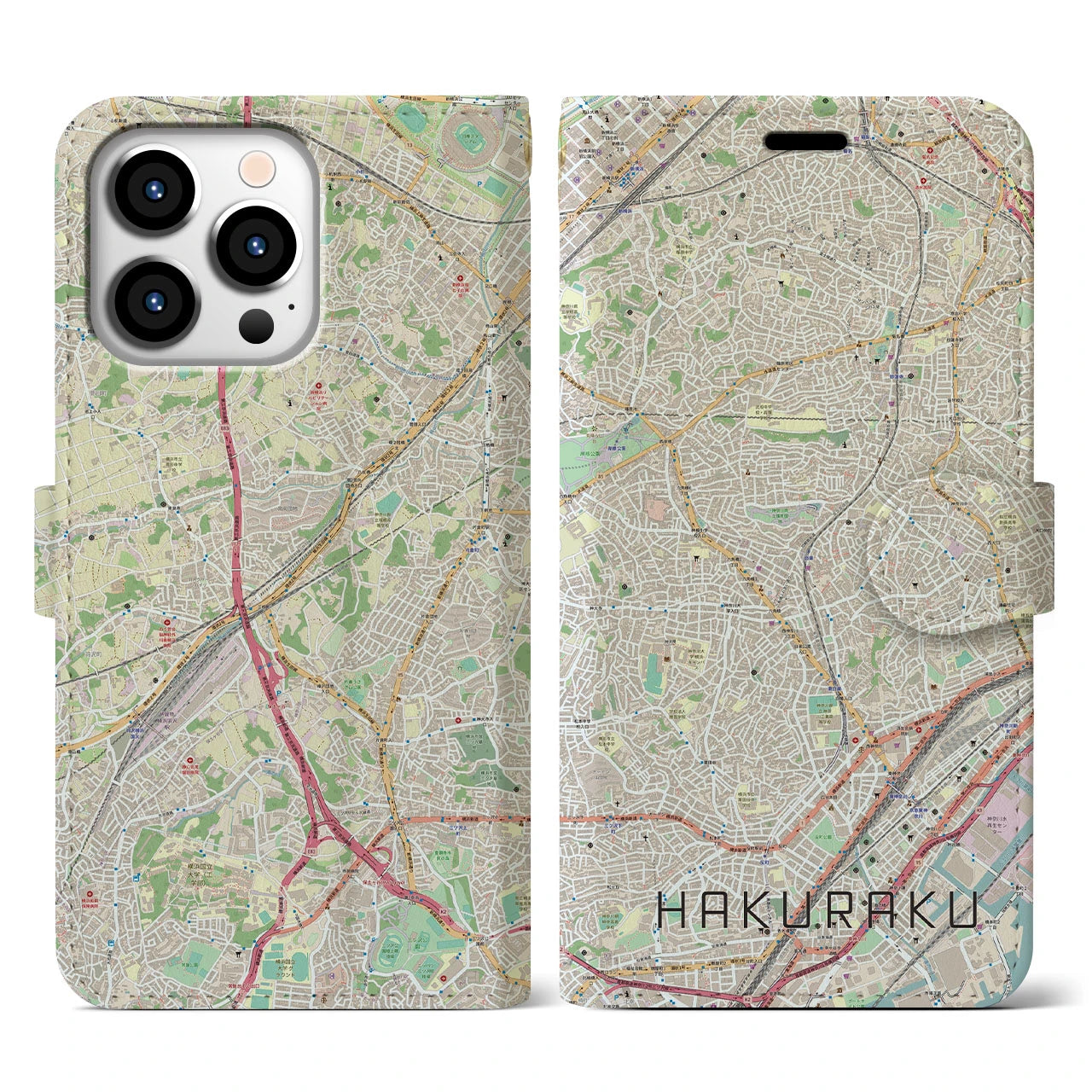 【白楽】地図柄iPhoneケース（手帳両面タイプ・ナチュラル）iPhone 13 Pro 用