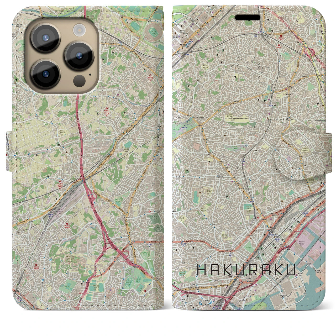【白楽】地図柄iPhoneケース（手帳両面タイプ・ナチュラル）iPhone 14 Pro Max 用