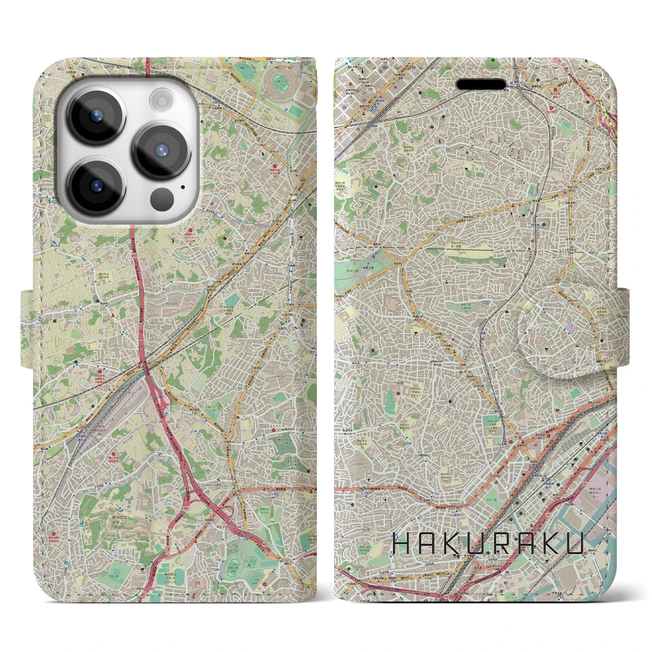 【白楽】地図柄iPhoneケース（手帳両面タイプ・ナチュラル）iPhone 14 Pro 用