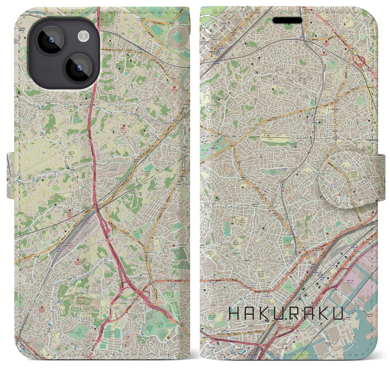 【白楽】地図柄iPhoneケース（手帳両面タイプ・ナチュラル）iPhone 14 Plus 用