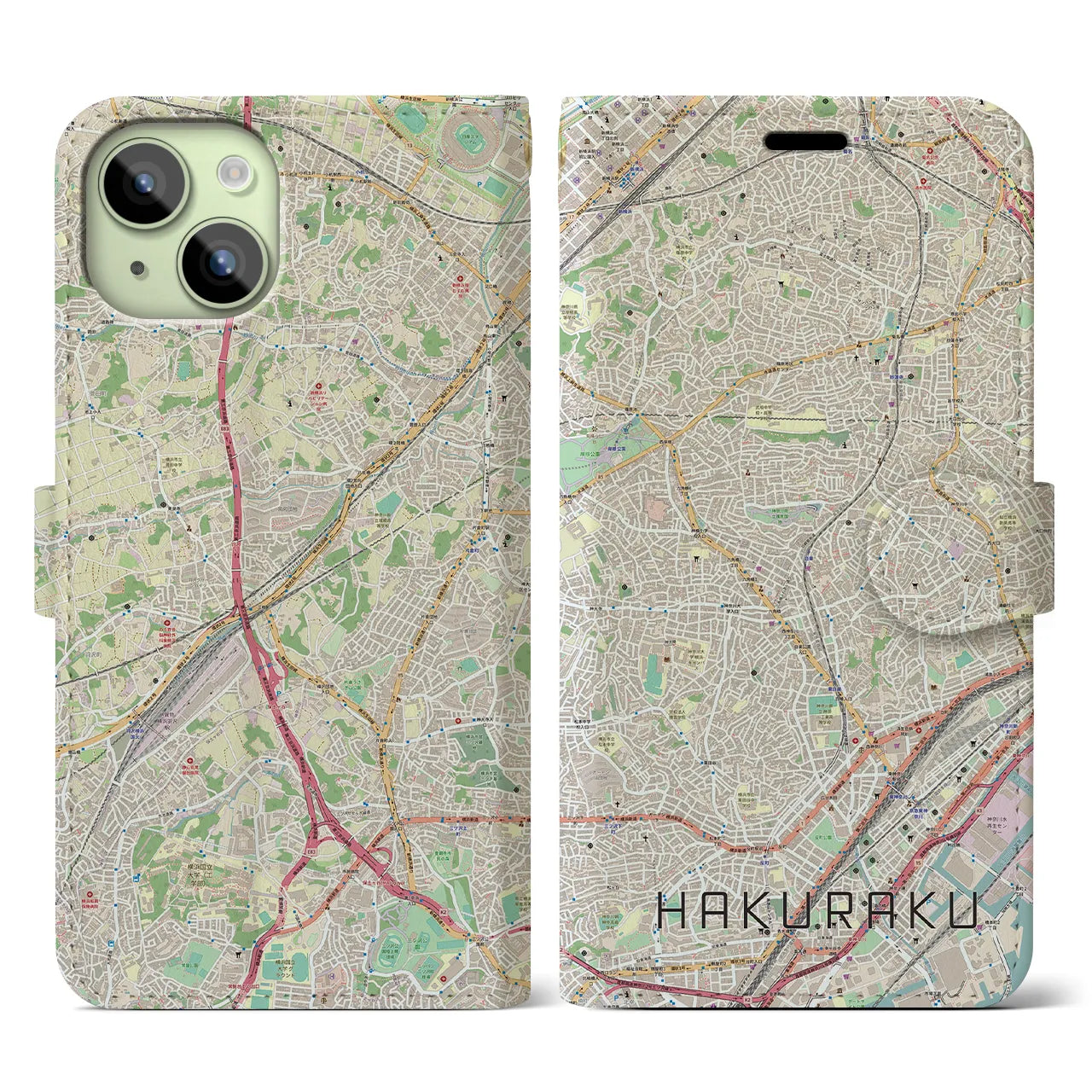 【白楽】地図柄iPhoneケース（手帳両面タイプ・ナチュラル）iPhone 15 用