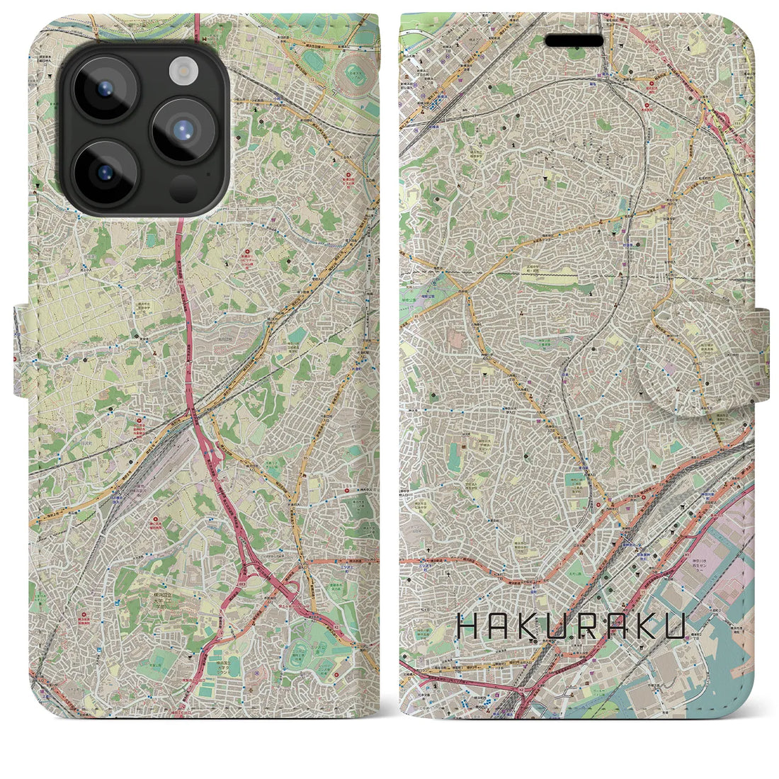 【白楽】地図柄iPhoneケース（手帳両面タイプ・ナチュラル）iPhone 15 Pro Max 用