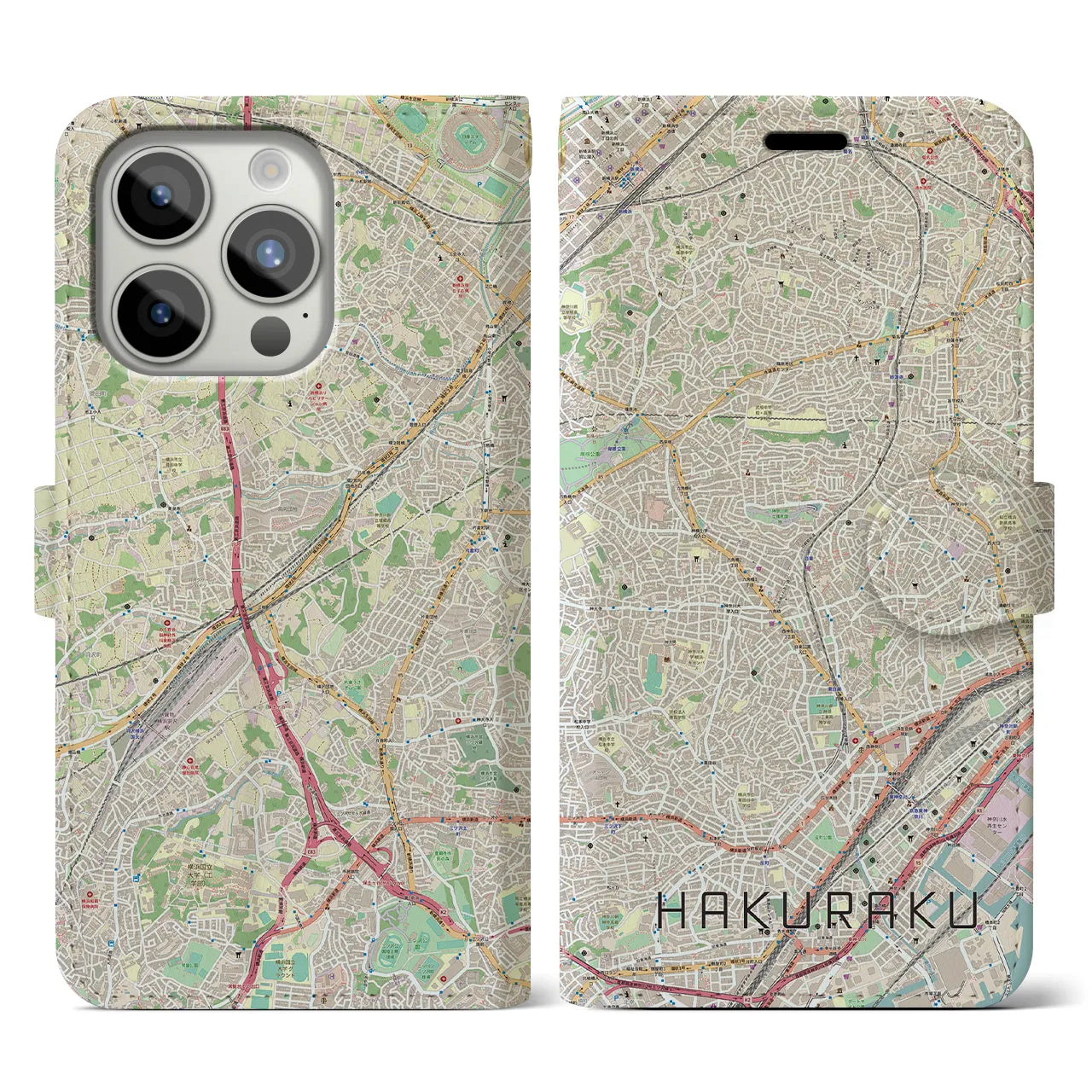 【白楽】地図柄iPhoneケース（手帳両面タイプ・ナチュラル）iPhone 15 Pro 用