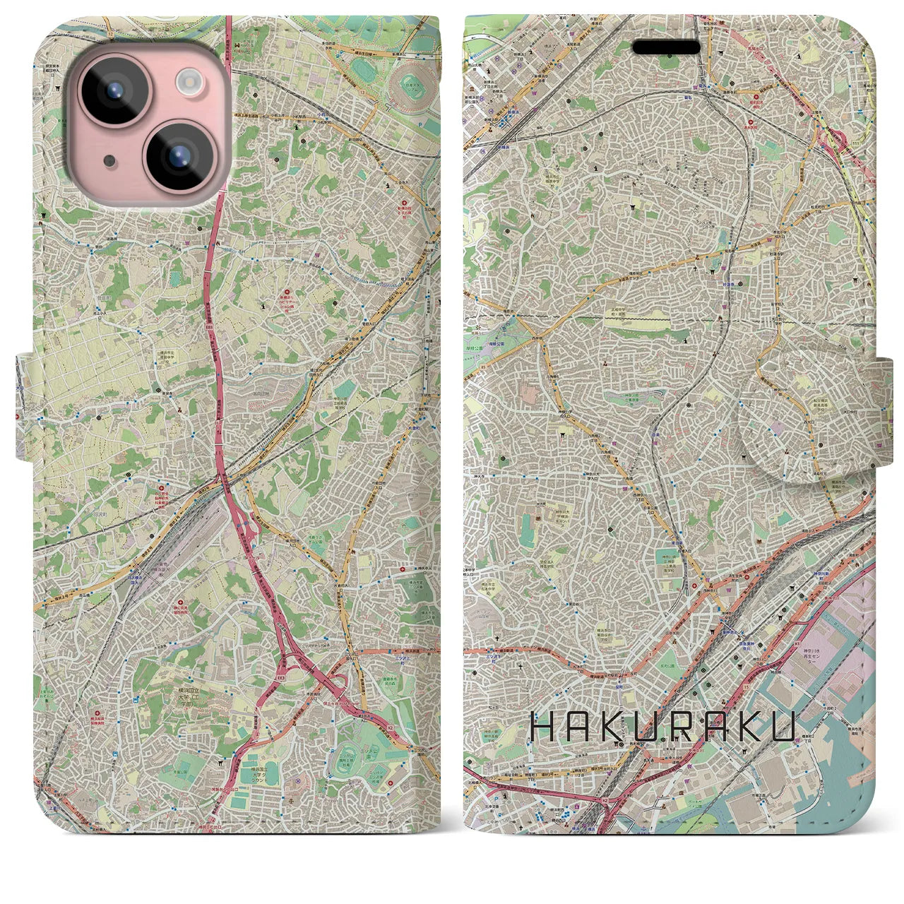 【白楽】地図柄iPhoneケース（手帳両面タイプ・ナチュラル）iPhone 15 Plus 用