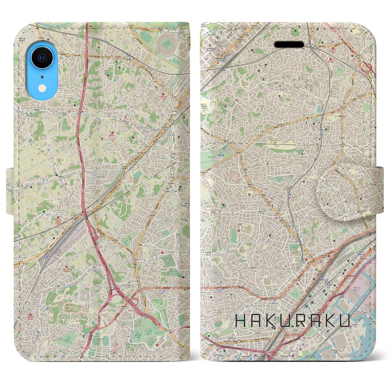 【白楽】地図柄iPhoneケース（手帳両面タイプ・ナチュラル）iPhone XR 用