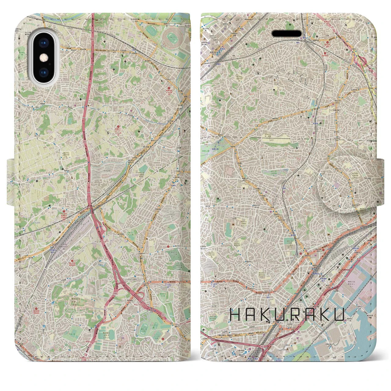 【白楽】地図柄iPhoneケース（手帳両面タイプ・ナチュラル）iPhone XS Max 用