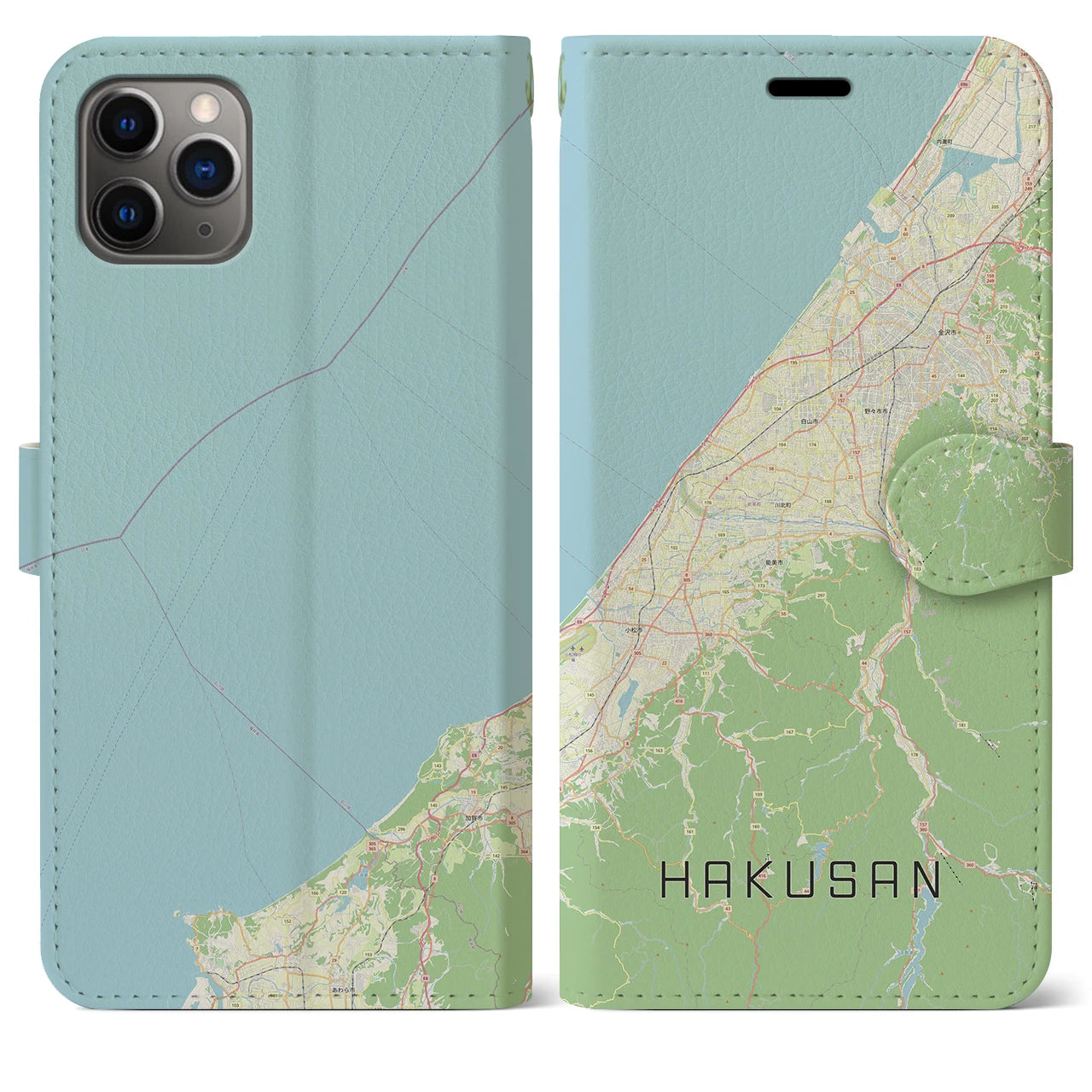 【白山（石川県）】地図柄iPhoneケース（手帳両面タイプ・ナチュラル）iPhone 11 Pro Max 用