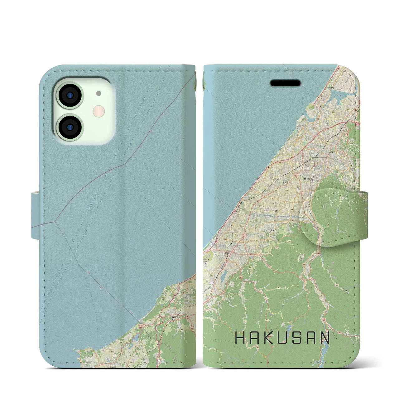 【白山（石川県）】地図柄iPhoneケース（手帳両面タイプ・ナチュラル）iPhone 12 mini 用