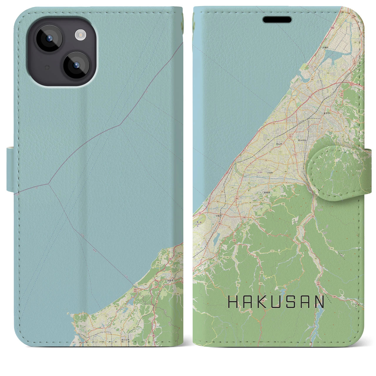 【白山（石川県）】地図柄iPhoneケース（手帳両面タイプ・ナチュラル）iPhone 14 Plus 用