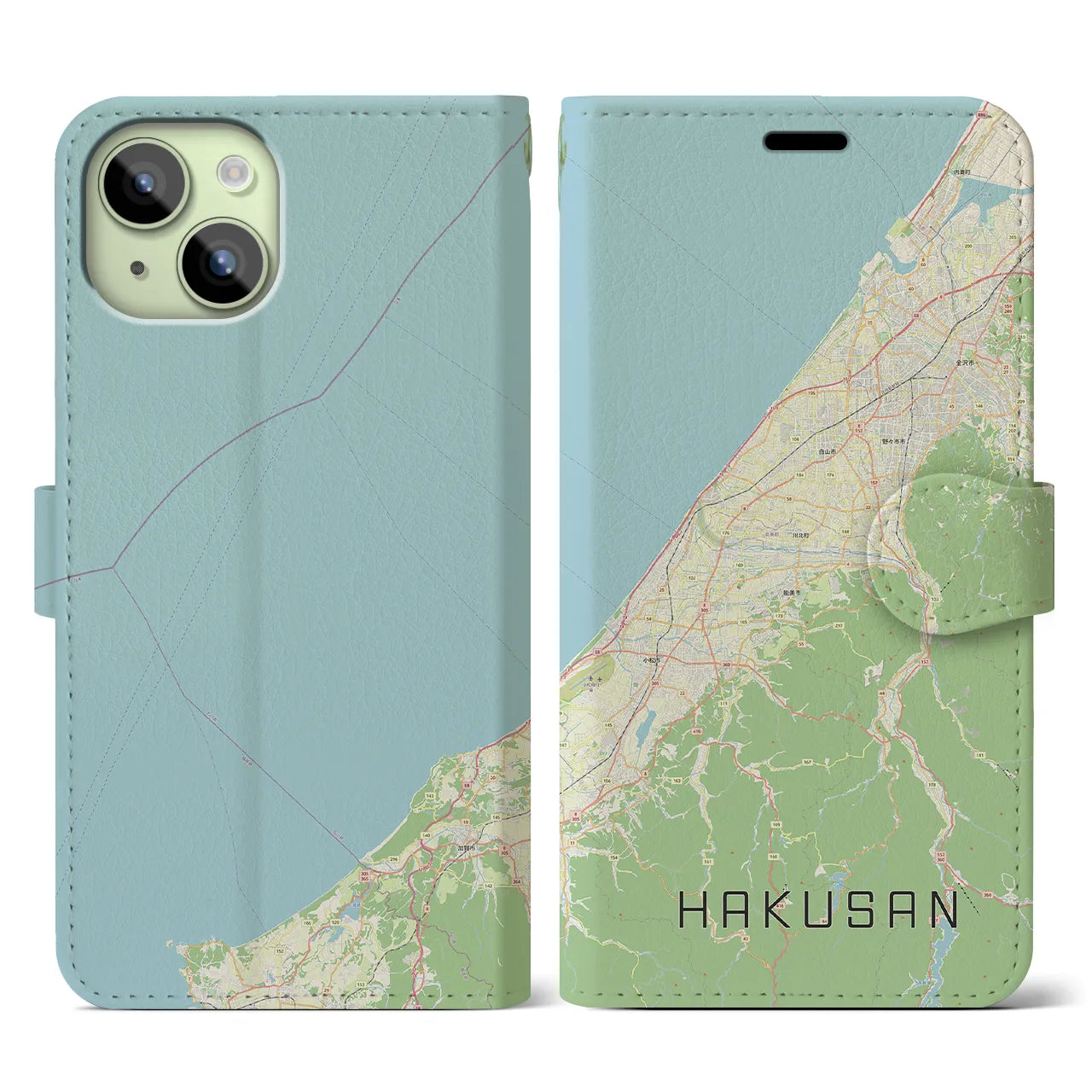 【白山（石川県）】地図柄iPhoneケース（手帳両面タイプ・ナチュラル）iPhone 15 用