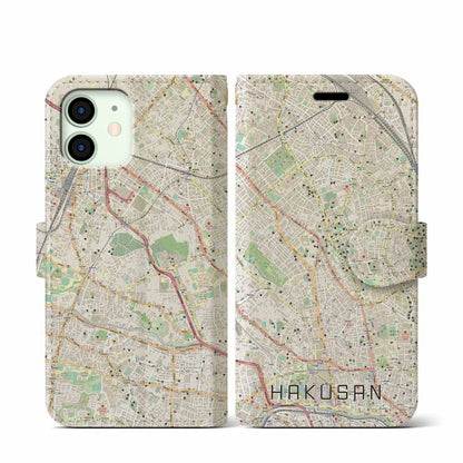 【白山（東京都）】地図柄iPhoneケース（手帳タイプ）ナチュラル・iPhone 12 mini 用