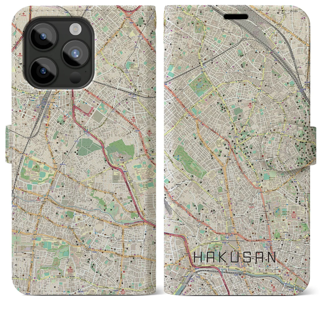 【白山】地図柄iPhoneケース（手帳両面タイプ・ナチュラル）iPhone 15 Pro Max 用