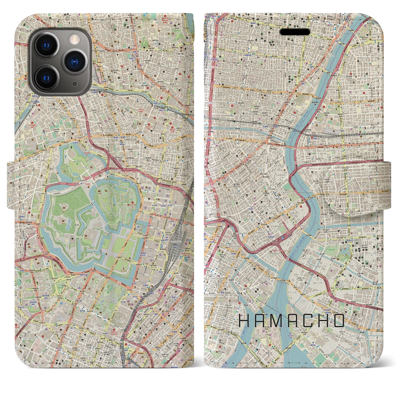 【浜町】地図柄iPhoneケース（手帳両面タイプ・ナチュラル）iPhone 11 Pro Max 用