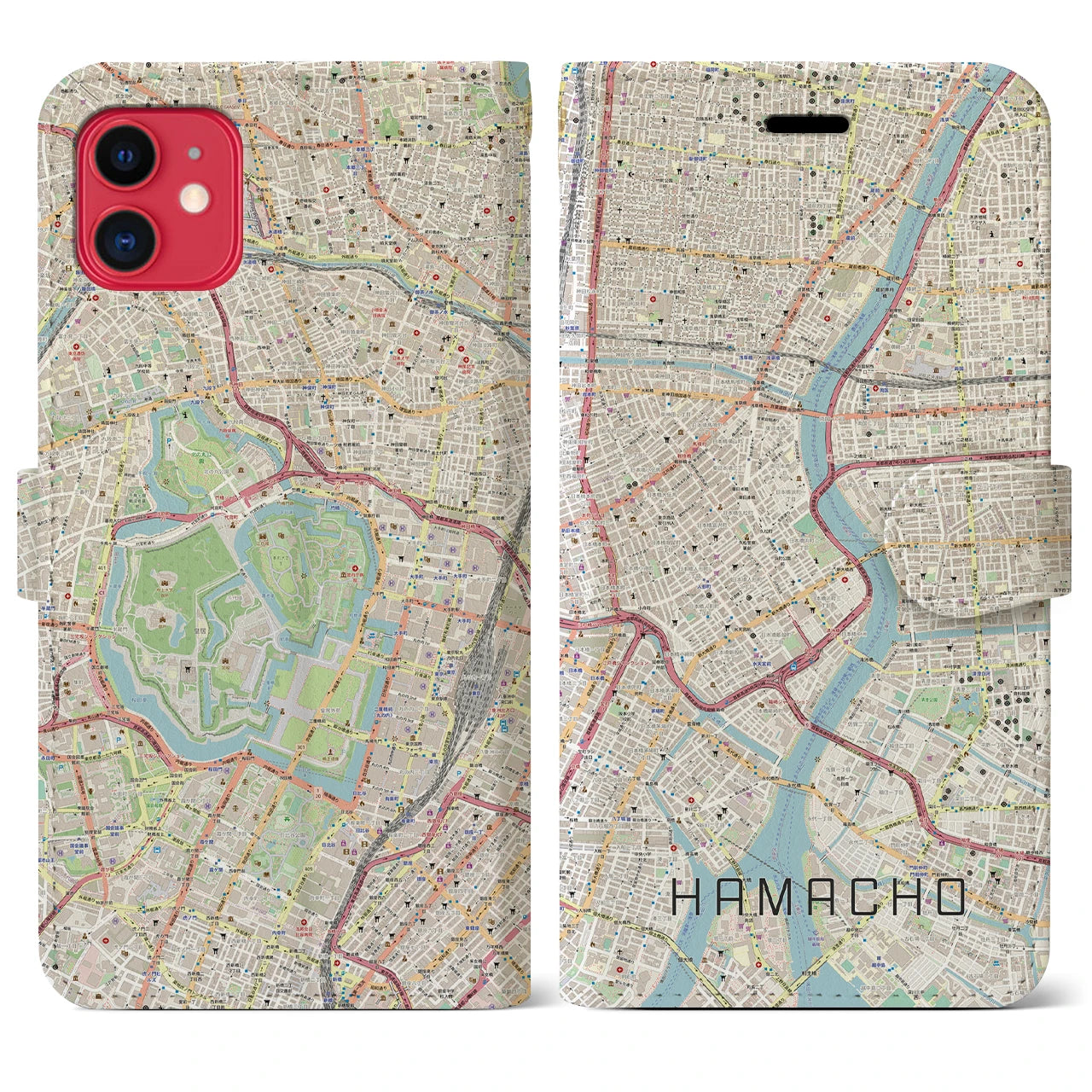 【浜町】地図柄iPhoneケース（手帳両面タイプ・ナチュラル）iPhone 11 用