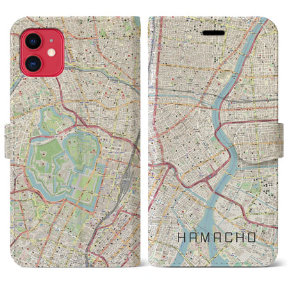 【浜町（東京都）】地図柄iPhoneケース（手帳タイプ）ナチュラル・iPhone 11 用