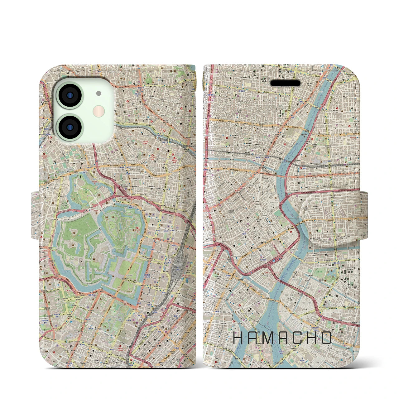 【浜町】地図柄iPhoneケース（手帳両面タイプ・ナチュラル）iPhone 12 mini 用